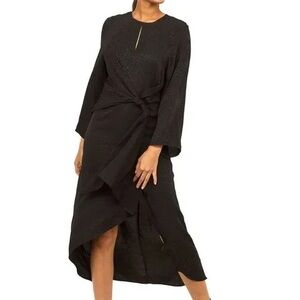 H&M Leopard Silky Midi High Low Dress Long Sleeve with Tie Wrap Detail in Black